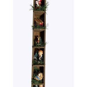 Wooden Vintage Christmas Shelf With Miniature Figurines and Grass Detailing